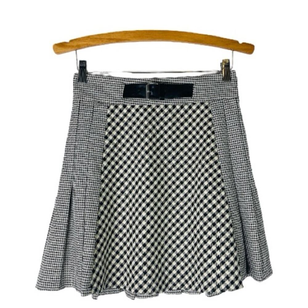 Zara black white checks houndstooth plaid pleated belt mini skirt small
